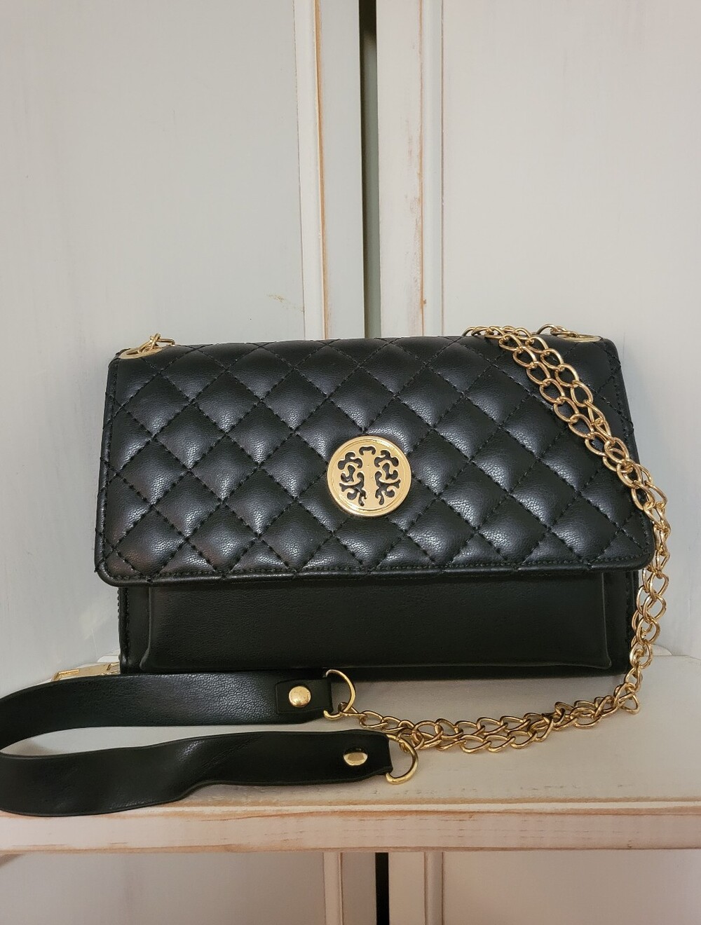 Black & Gold Faux Leather Crossbody Purse